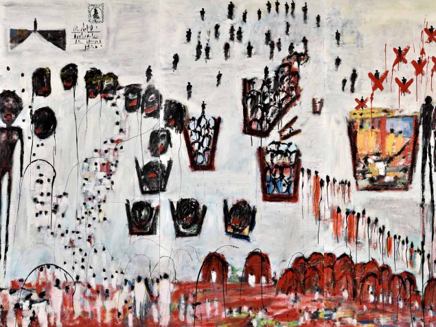 Sur des toiles réutilisées, Jacky Brochu peint de manière vive et parfois acharnée les périples tragiques que traversent les peuples en exil, à la recherche de la liberté.